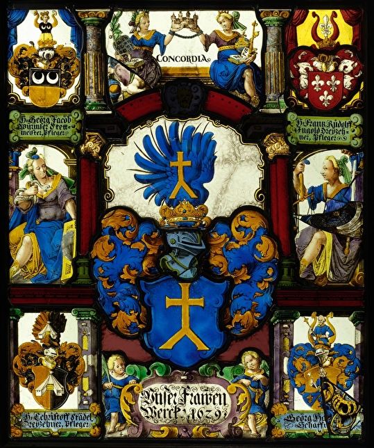 Le vitrail aux armes de l’Œuvre-Notre-Dame, salle des administrateurs du Musée de l’Œuvre Notre-Dame